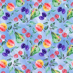 Seamless colorful pattern with fruits and berries. Pears, apples, plums and cherries on a bright blue background.