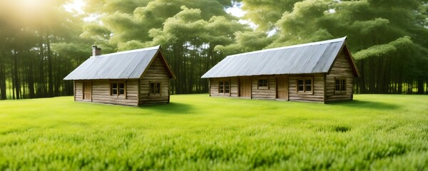 two cabins in the middle of a grassy field