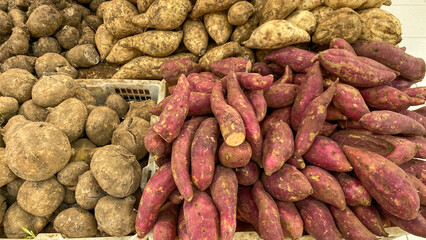 Pile of sweet potato sold in the market. Indonesian sweet potato