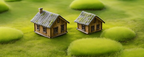 a couple of small houses sitting on top of a lush green field