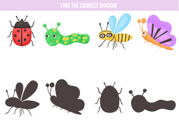 Shadow game for chicdren with insects in cartoon style