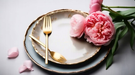 Beautiful table setting with golden cutlery and peony flowers top view