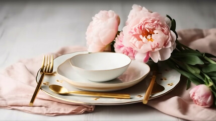 Beautiful table setting with golden cutlery and peony flowers