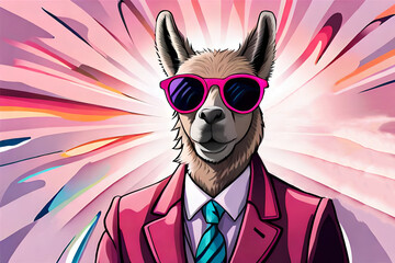 Cute llama with glasses in cartoon style.