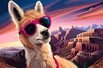 Cute llama with glasses in cartoon style.