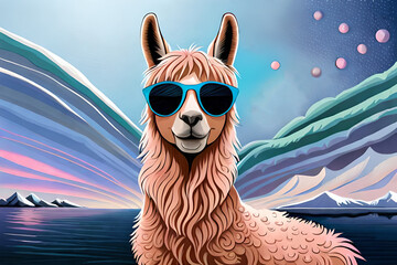 Cute llama with glasses in cartoon style.