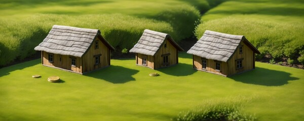 a couple of small houses sitting on top of a lush green field