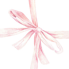 Naklejka premium Watercolor illustration. Pink bow. Isolated on a white background. Square gift box with knotted paper ribbon. For the design of stickers, greeting cards, stationery, gift certificates, bags, packages