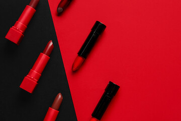 Composition with beautiful lipsticks on color background