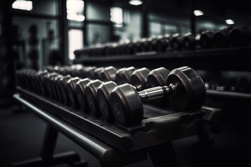 Obraz na płótnie Canvas Rows of dumbbells in the gym Close up of modern dumbbells equipment in the sport gym, gym equipment concept. generative AI
