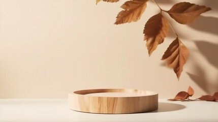Wood slice podium with leaves and window shadows on beige background