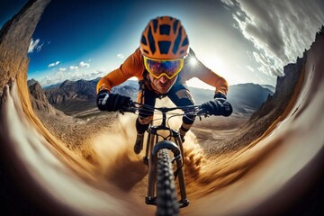 A young man on a sports bike rushes off-road at great speed. Extreme sport. Go pro wide angle shot. Ai generated
