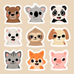 Cute wild and domestic animals set including brown bear, polar bear, panda, koala, sloth, cat, dog, pig, fox. Cartoon kids illustration.