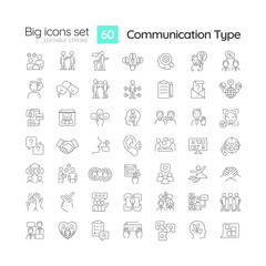 Communication type linear icons set. Social interaction. Project management. Information transmission. Customizable thin line symbols. Isolated vector outline illustrations. Editable stroke © bsd studio