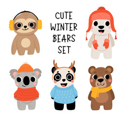 Cute bear set. Panda, koala, grizzly, polar, sloth in sweater and hat, scarf and mittens. Kawaii cartoon character. Baby greeting card template. Notebook cover, tshirt.