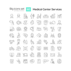 Medical center services linear icons set. Primary healthcare. Urgent care. Hospital consultancy. Customizable thin line symbols. Isolated vector outline illustrations. Editable stroke