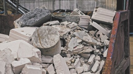 Pile of Rubble Industrial Construction Waste Concrete Block Air Brick Pieces and Hazardous Materials	