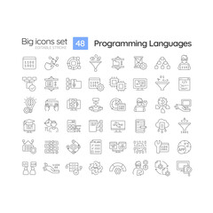 Fototapeta na wymiar Programming languages linear icons set. Software development. Machine learning. Artificial intelligence. Customizable thin line symbols. Isolated vector outline illustrations. Editable stroke