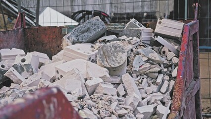 Metal Industrial Container Filled with Construction Waste Concrete Block Air Brick Pieces and Hazardous Materials	