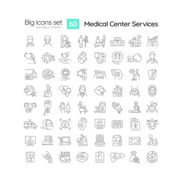 Medical center services linear icons set. Primary healthcare. Urgent care. Hospital consultancy. Customizable thin line symbols. Isolated vector outline illustrations. Editable stroke