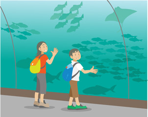 水族館で魚を見る子供たちのイラスト