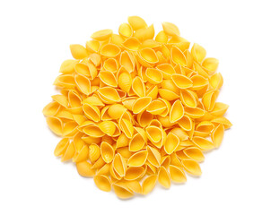 Heap of raw conchiglie pasta isolated on white background