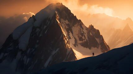 Hiker ascending and feeling the warmth of the sunrise in the mountains 
