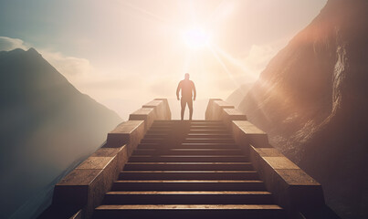 Ambitious Businessman Climbing Stairs Towards Success in the Bright Sun with Optimistic