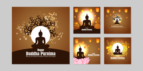 Fototapeta premium Vector illustration of Happy Buddha Purnima social media story feed set mockup template