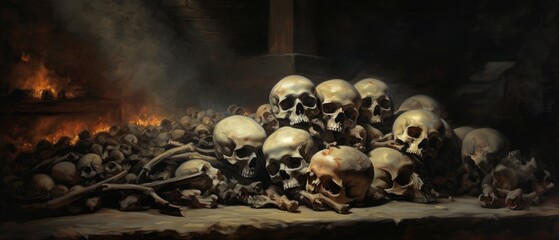 Pile of crushed human skulls and bones in a dark room, macabre dungeon basement of horror and terrifying death, scary and disturbing scene - Generative AI