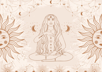 Hand drawn card of beige mystical woman with Sun, Moon, star in line art. Constellation celestial space. Spiritual abstract symbol, esoteric talisman. Magic space galaxy, vector sketch illustration