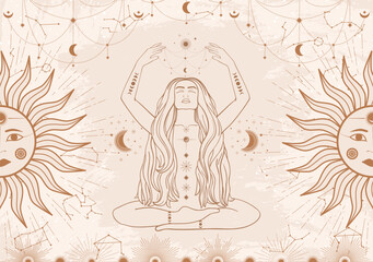 Hand drawn card of beige mystical woman with Sun, Moon, star in line art. Constellation celestial space. Spiritual abstract symbol, esoteric talisman. Magic space galaxy, vector sketch illustration