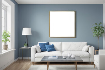 a white mockup framed poster hangs on the wall with a photo on the wall.