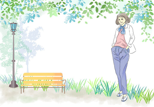 女性のベクターイラストと初夏の公園のベンチの背景