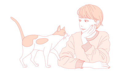 Vector illustration of a woman resting her chin on her hand with a cat. Hand drawn line art style.