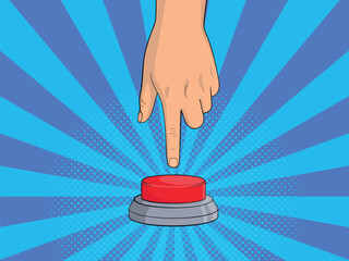 Hand and a big red button in a comic style. Vector illustration