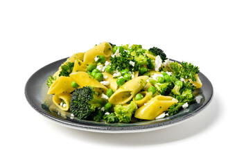 Plate with tasty penne pasta and broccoli on white background