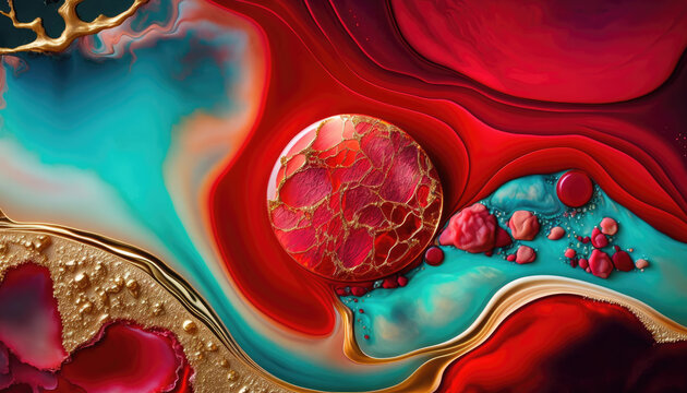 Flowing Abstract Design Wallpaper in Beautiful Crimson colors. Paint texture with Gold Powder. Generative AI.