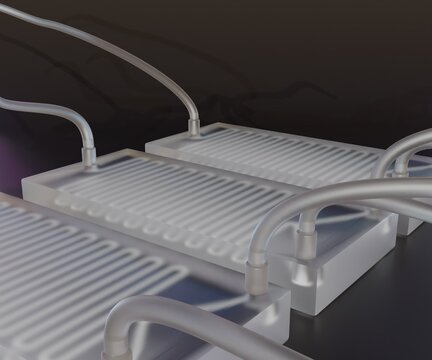 Isolated microfluidic chip is a set of micro-channels etched or molded into a glass material with tubing 3d rendered