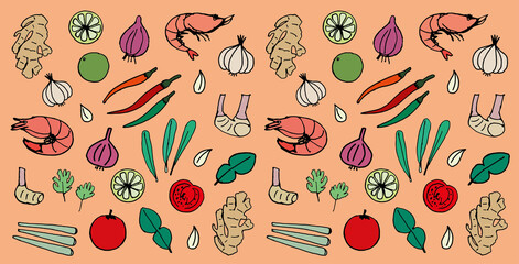 Thai cuisine ingredients drawing style seamless pattern on orange background. 