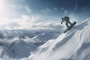 Naklejka na ściany i meble Snowboarder in a jump on a high mountain, Freerider running downhill in beautiful landscape, sunlight, AI Generative.