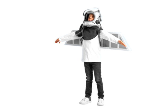 A young boy imagines that he is flying in a pilot's helmet - Powered by Adobe