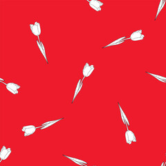 Hand drawn seamless vector pattern of white tulips on a red background in doodle style, ink scetch