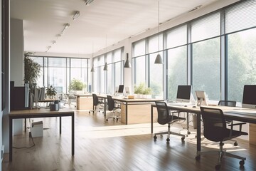 Fototapeta na wymiar Light office room interior with coworking area and cabinet, panoramic window. Generative AI