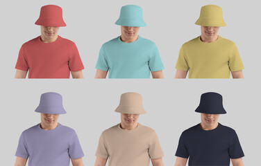 Bright panama template for a guy in a t-shirt, a smiling man in a hat, place for design, pattern, brand. Set