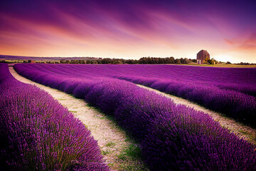 Fototapeta na wymiar Purple lavender fields in bloom with a stone church in background, generative ai