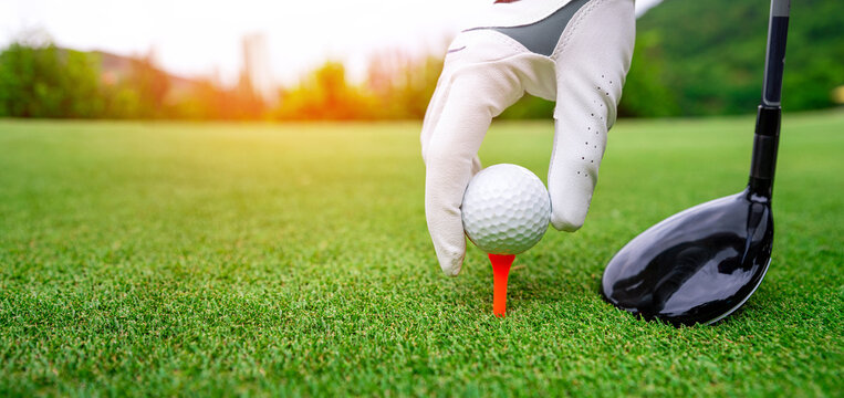 Close up golf ball on green grass field