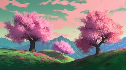 Beautiful art illustration of Sakura blossom landscape  cartoon painting style generative ai	