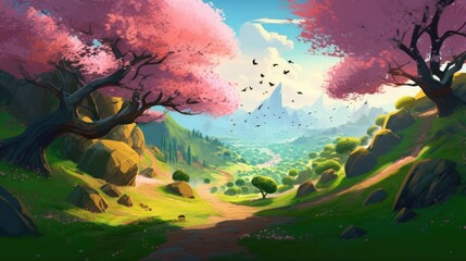 Fototapeta na wymiar Beautiful art illustration of Sakura blossom landscape cartoon painting style generative ai 