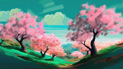 Plakat Beautiful art illustration of Sakura blossom landscape cartoon painting style generative ai 